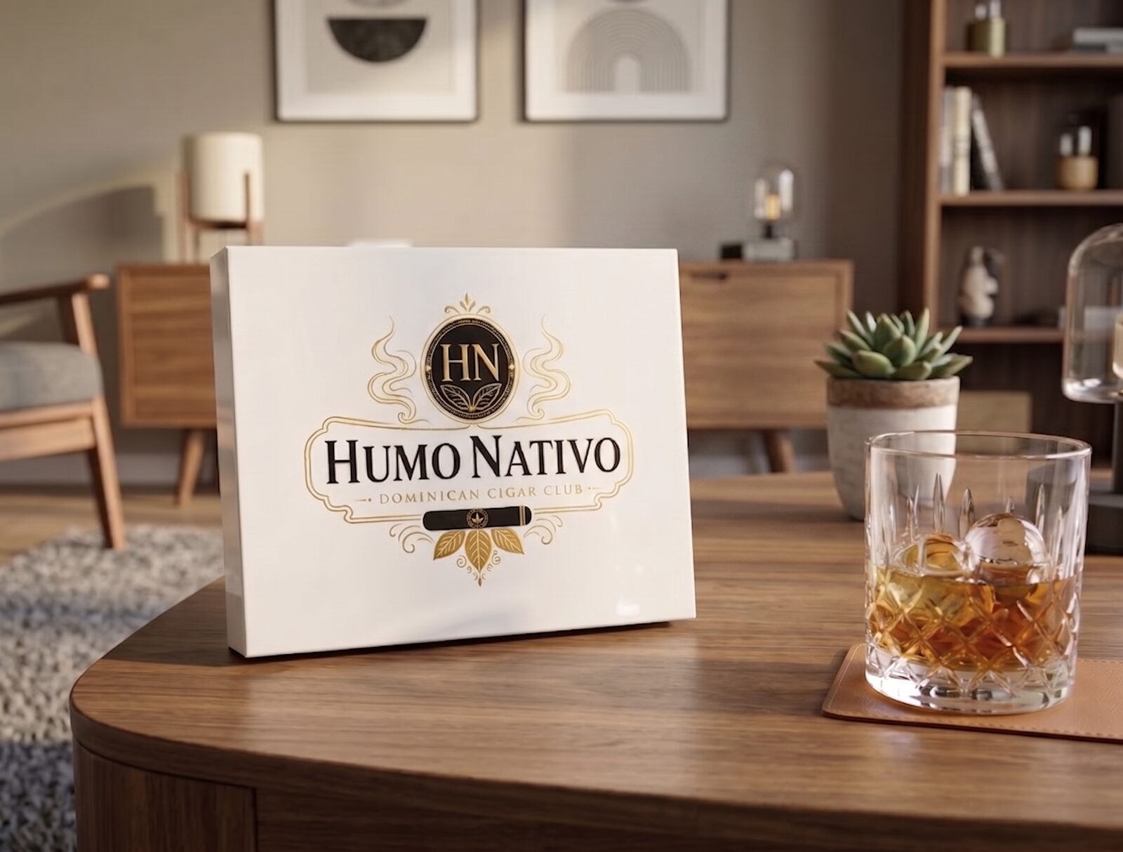 Caja Humo Nativo presentada en una mesa de sobremesa con vaso de whisky